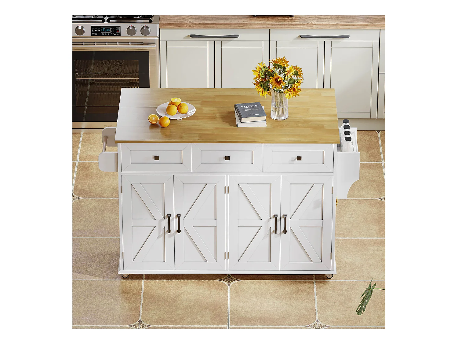 Îlot central de cuisine blanc avec 5 roulettes freinées - Desserte de cuisine avec 4 portes et 3 tiroirs - porte-serviettes et étagère à épices