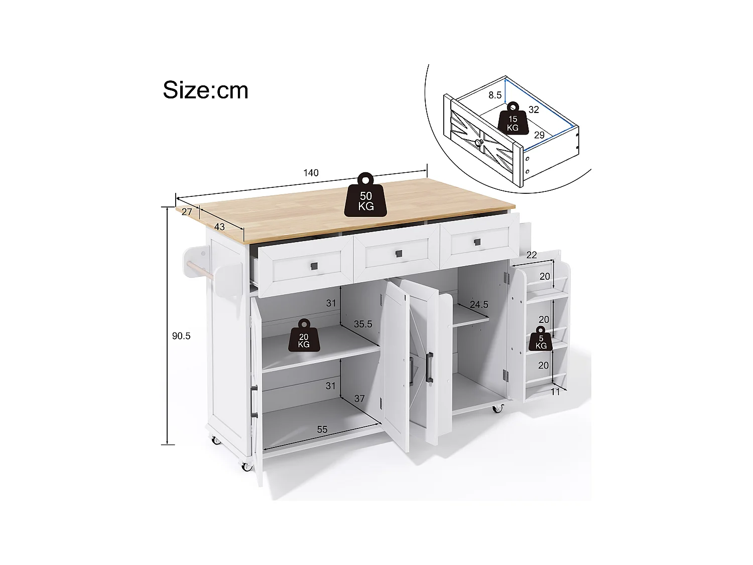 Îlot central de cuisine blanc avec 5 roulettes freinées - Desserte de cuisine avec 4 portes et 3 tiroirs - porte-serviettes et étagère à épices