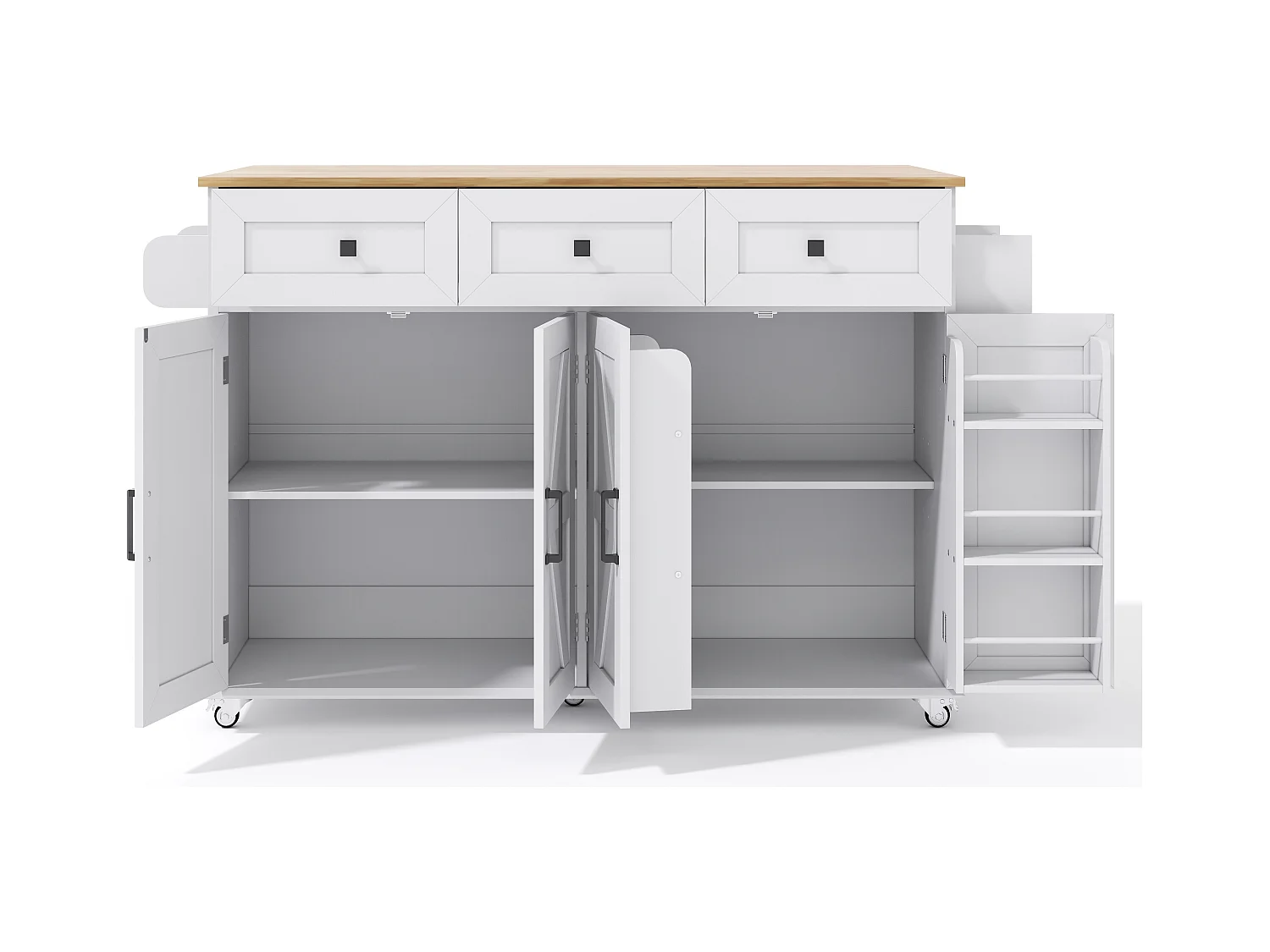 Îlot central de cuisine blanc avec 5 roulettes freinées - Desserte de cuisine avec 4 portes et 3 tiroirs - porte-serviettes et étagère à épices