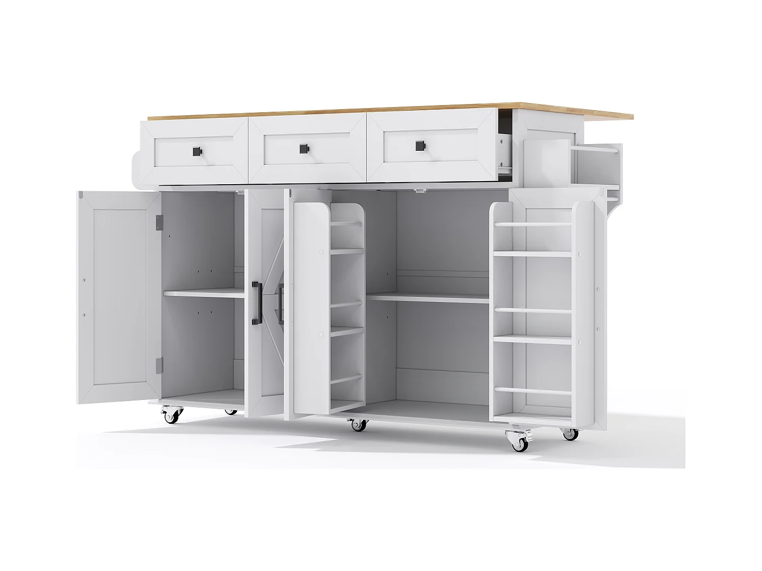 Îlot central de cuisine blanc avec 5 roulettes freinées - Desserte de cuisine avec 4 portes et 3 tiroirs - porte-serviettes et étagère à épices