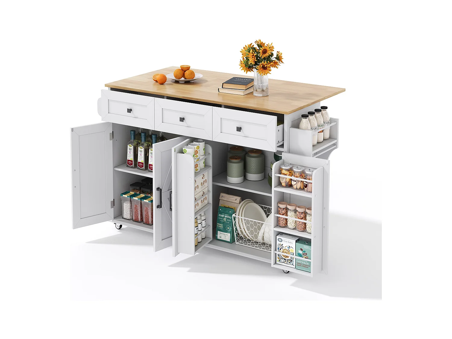 Îlot central de cuisine blanc avec 5 roulettes freinées - Desserte de cuisine avec 4 portes et 3 tiroirs - porte-serviettes et étagère à épices