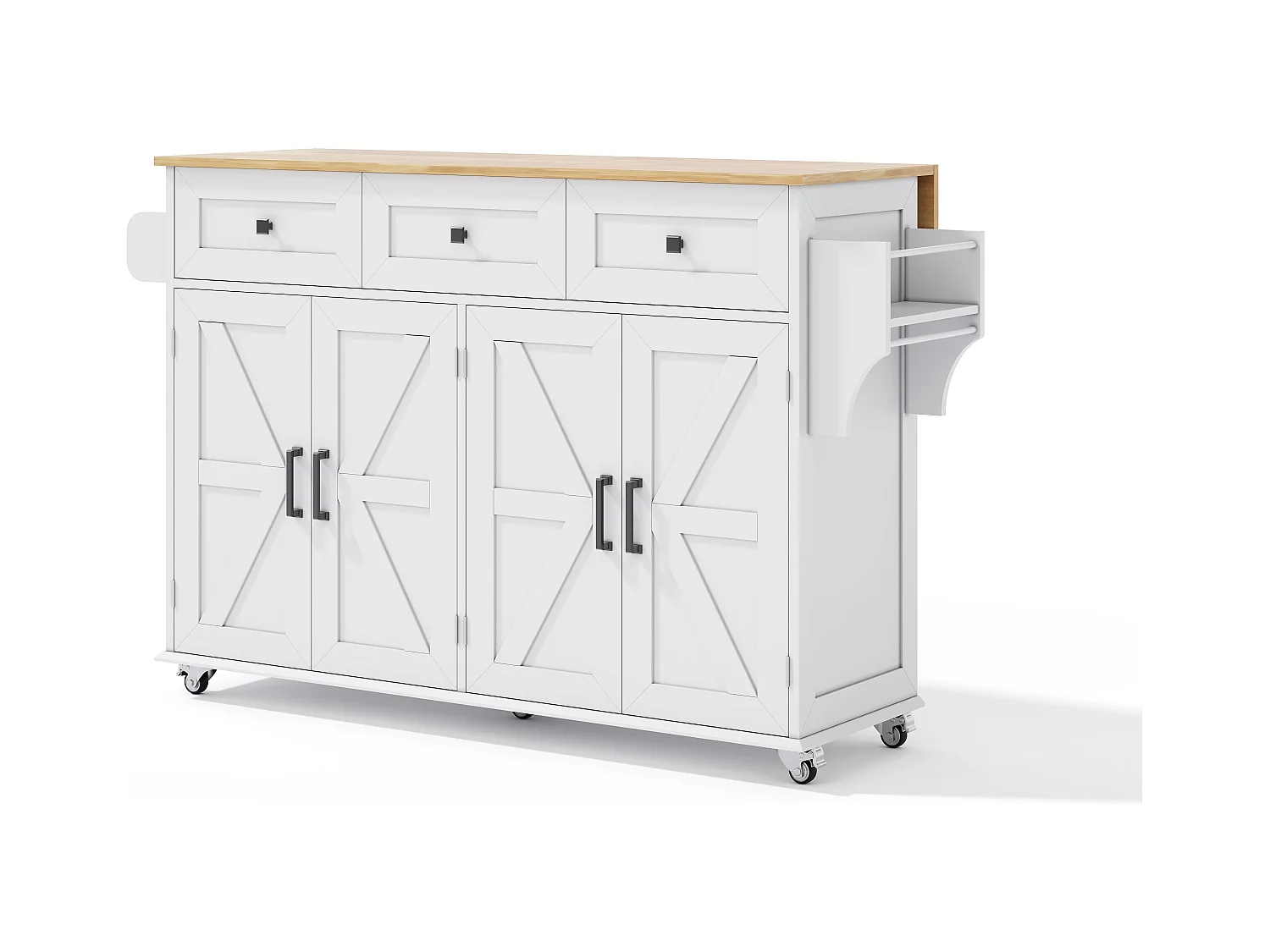 Îlot central de cuisine blanc avec 5 roulettes freinées - Desserte de cuisine avec 4 portes et 3 tiroirs - porte-serviettes et étagère à épices