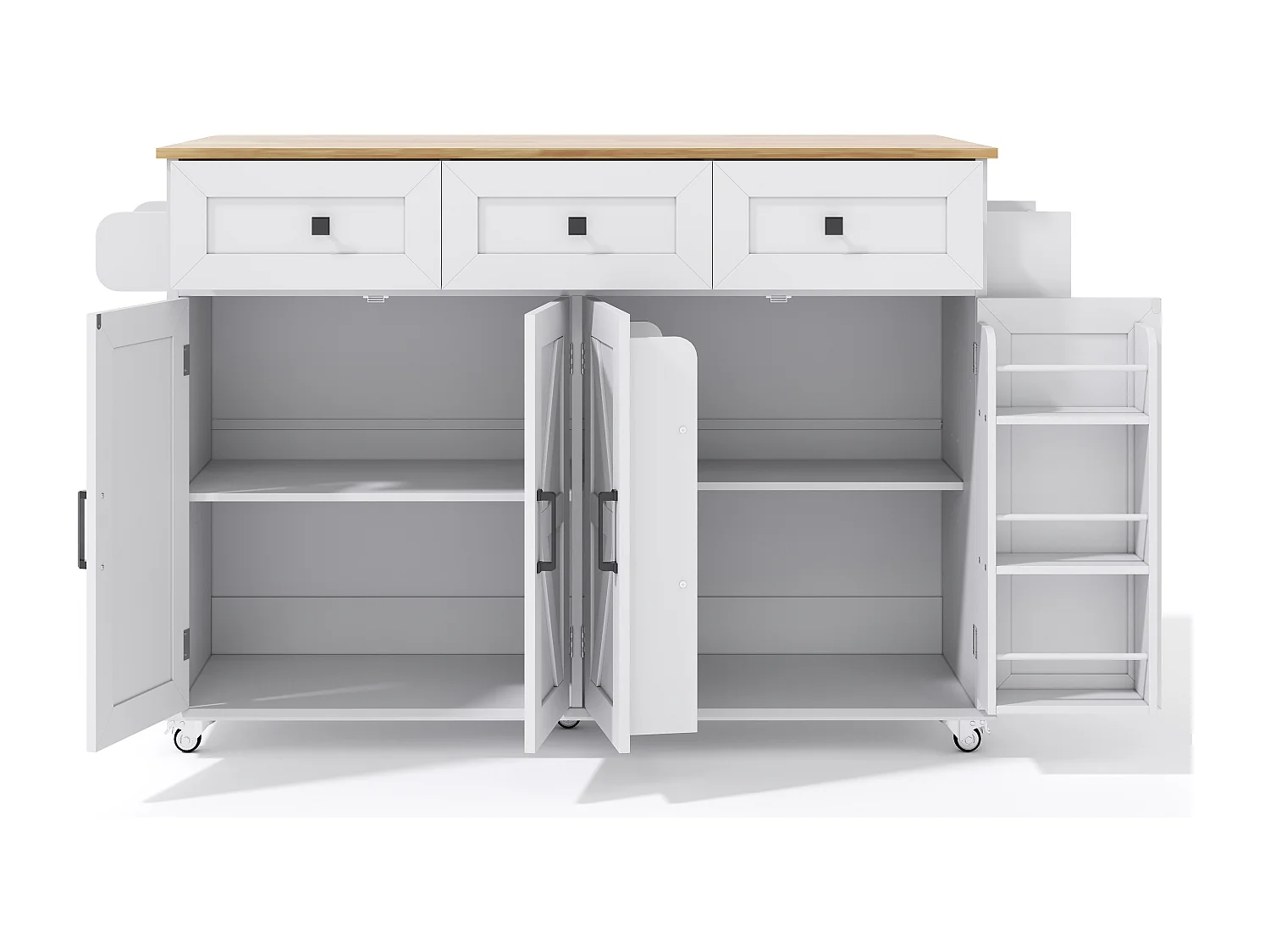 Ilha de cozinha branca com 5 rodízios com freios - Carrinho de cozinha com 4 portas e 3 gavetas - Toalheiro e porta-tempero