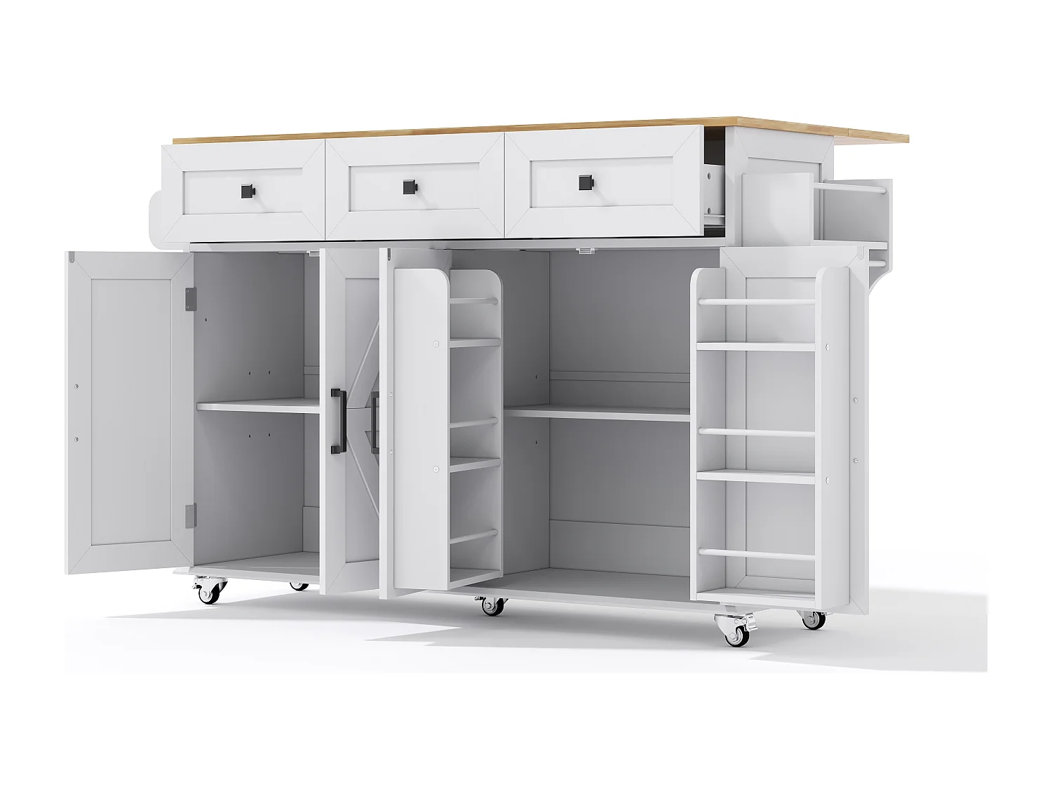 Ilha de cozinha branca com 5 rodízios com freios - Carrinho de cozinha com 4 portas e 3 gavetas - Toalheiro e porta-tempero