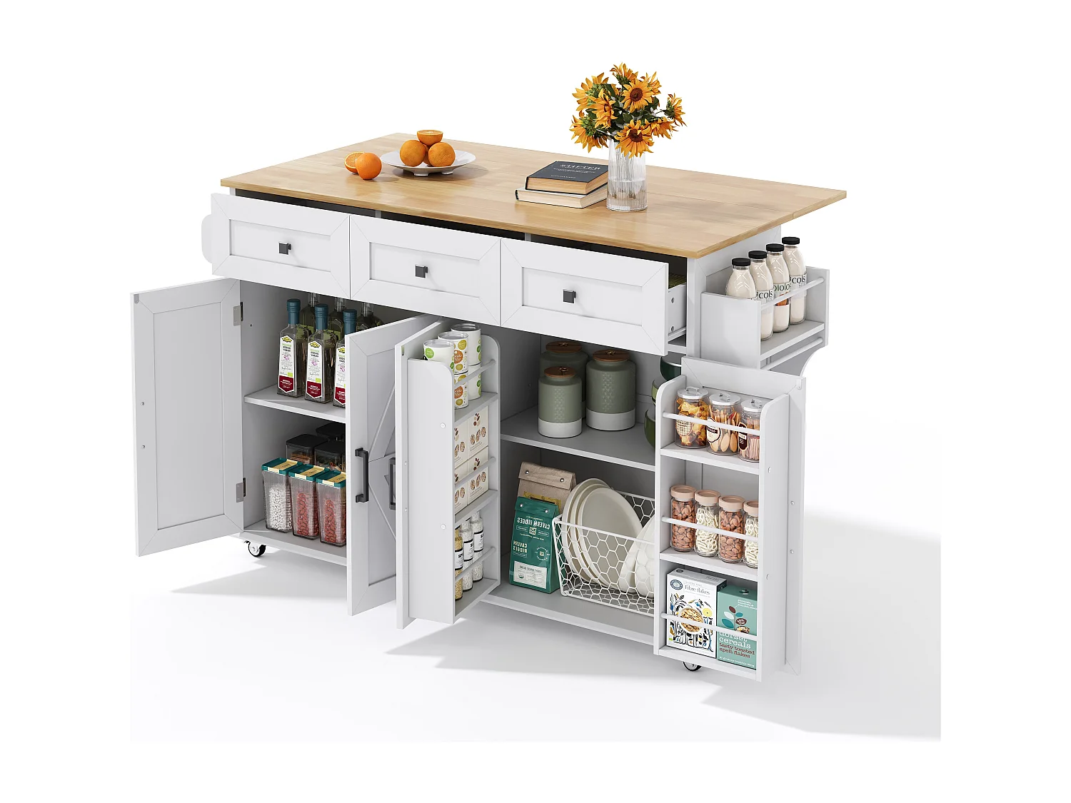 Ilha de cozinha branca com 5 rodízios com freios - Carrinho de cozinha com 4 portas e 3 gavetas - Toalheiro e porta-tempero