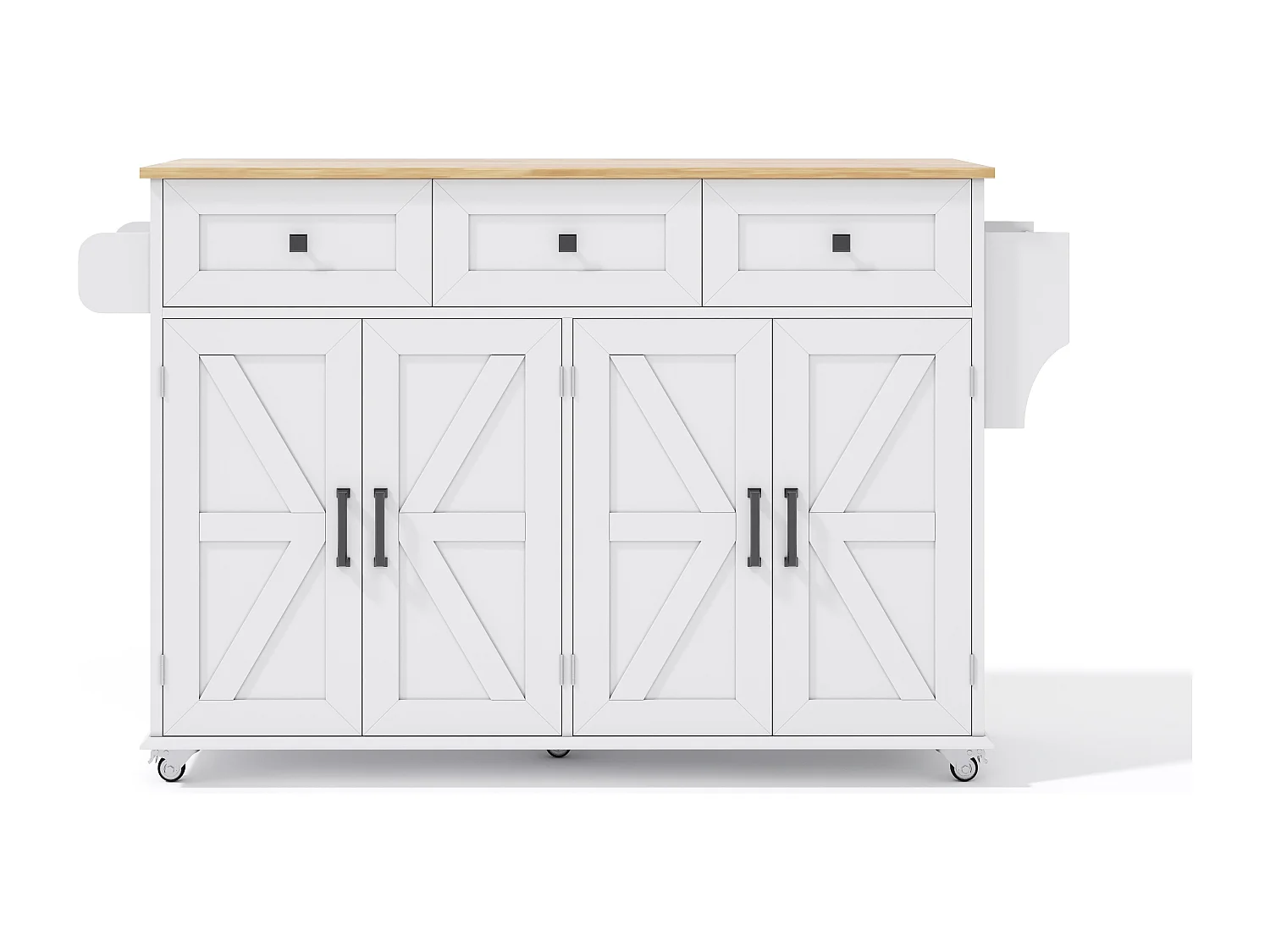 Ilha de cozinha branca com 5 rodízios com freios - Carrinho de cozinha com 4 portas e 3 gavetas - Toalheiro e porta-tempero