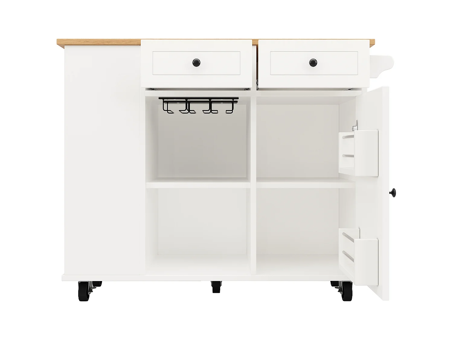 Desserte de cuisine mobile blanc avec porte-serviettes - Îlot central de cuisine avec 2 tiroirs et 1 porte - 5 compartiments de rangement ouverts