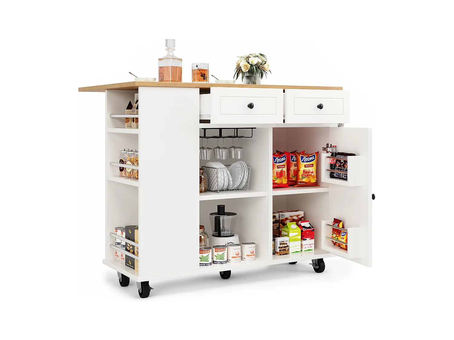 Desserte de cuisine mobile blanc avec porte-serviettes - Îlot central de cuisine avec 2 tiroirs et 1 porte - 5 compartiments de rangement ouverts