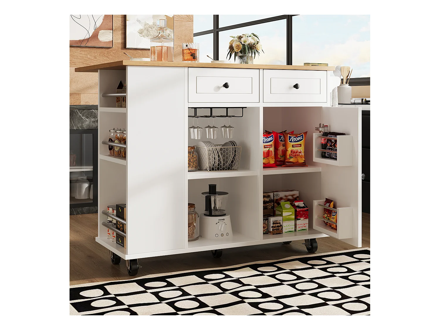 Desserte de cuisine mobile blanc avec porte-serviettes - Îlot central de cuisine avec 2 tiroirs et 1 porte - 5 compartiments de rangement ouverts