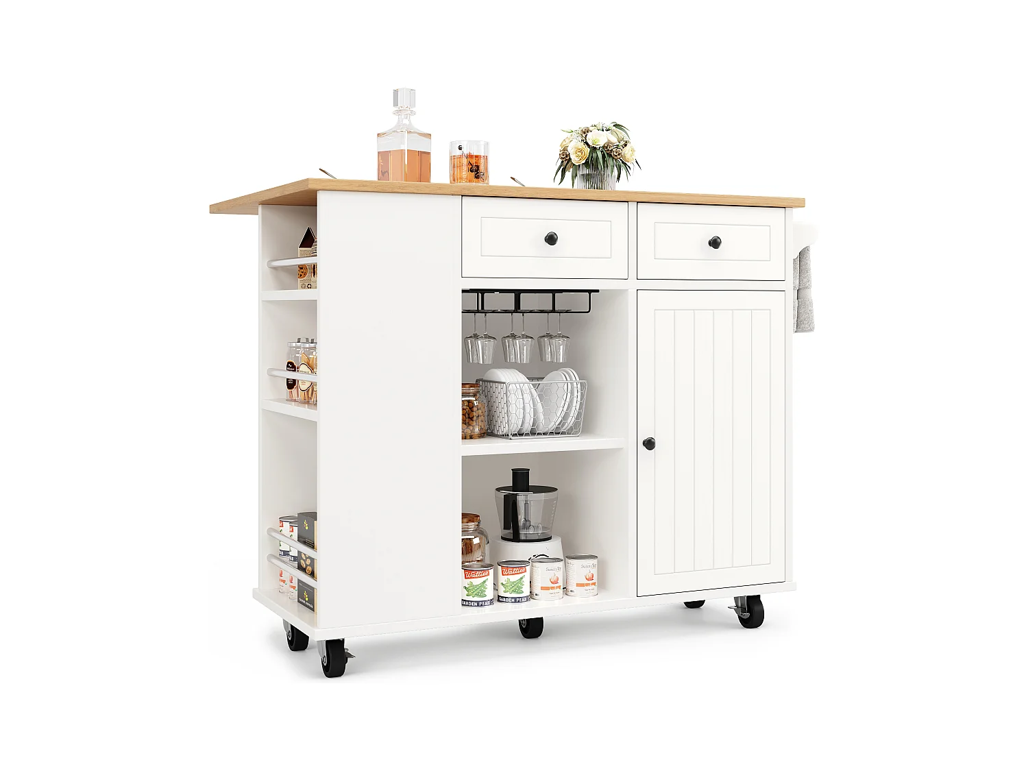 Carrinho de cozinha móvel branco com toalheiro - Ilha de cozinha com 2 gavetas e 1 porta - 5 compartimentos abertos