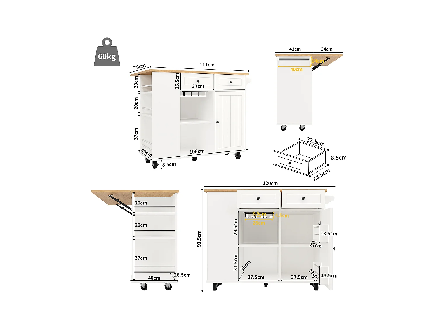 Carrinho de cozinha móvel branco com toalheiro - Ilha de cozinha com 2 gavetas e 1 porta - 5 compartimentos abertos