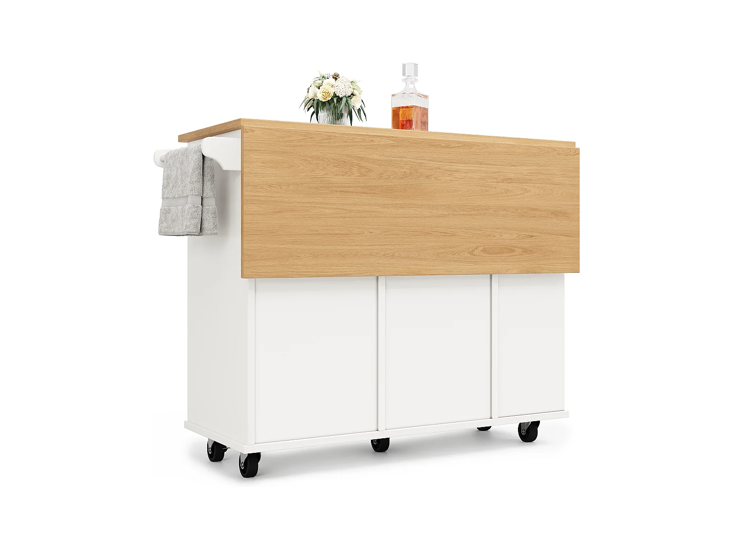 Carrinho de cozinha móvel branco com toalheiro - Ilha de cozinha com 2 gavetas e 1 porta - 5 compartimentos abertos