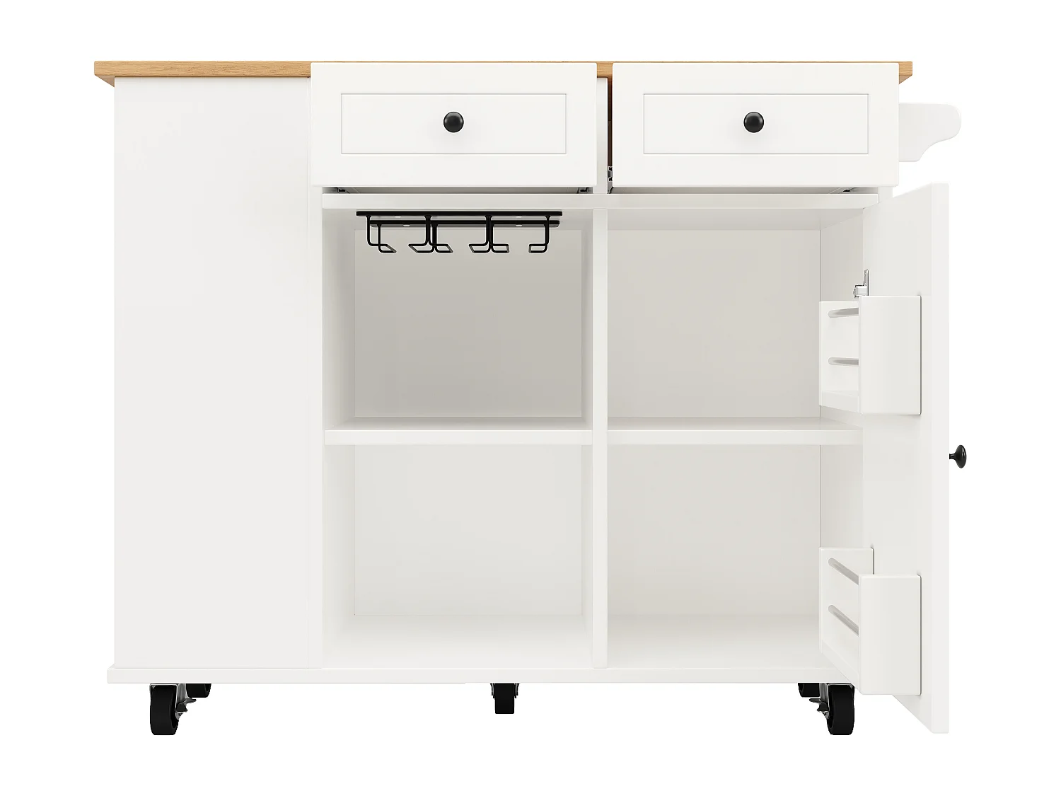 Carrinho de cozinha móvel branco com toalheiro - Ilha de cozinha com 2 gavetas e 1 porta - 5 compartimentos abertos