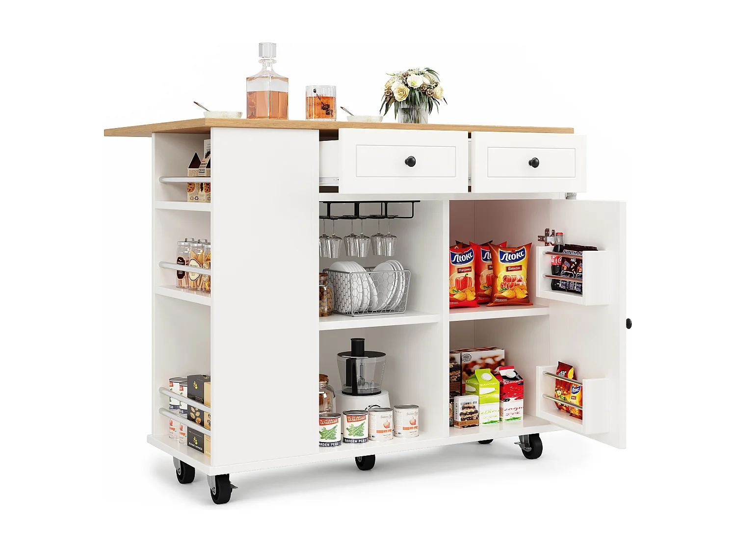 Biały mobilny wózek kuchenny z wieszakiem na ręczniki – Wyspa kuchenna z 2 szufladami i 1 drzwiami – 5 otwartych schowków
