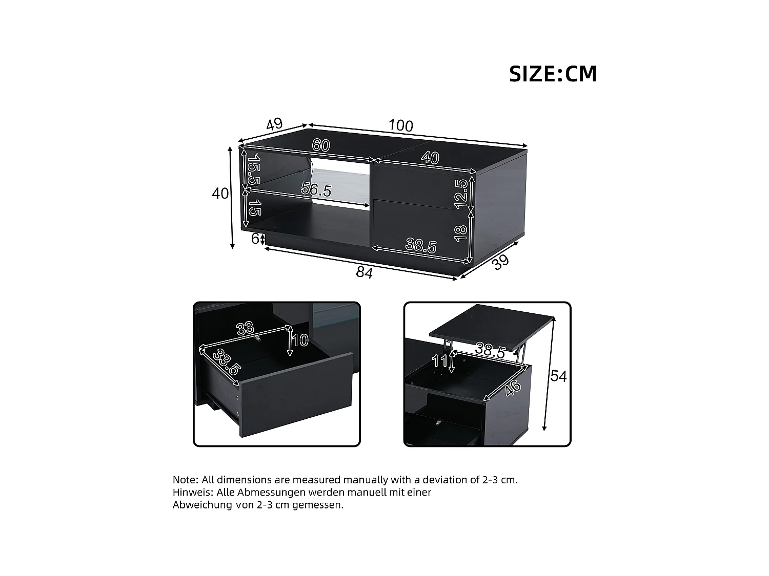 Stolik kawowy z regulowanym blatem - Stolik kawowy z 1 szufladą i 2 otwartymi schowkami - Czarny