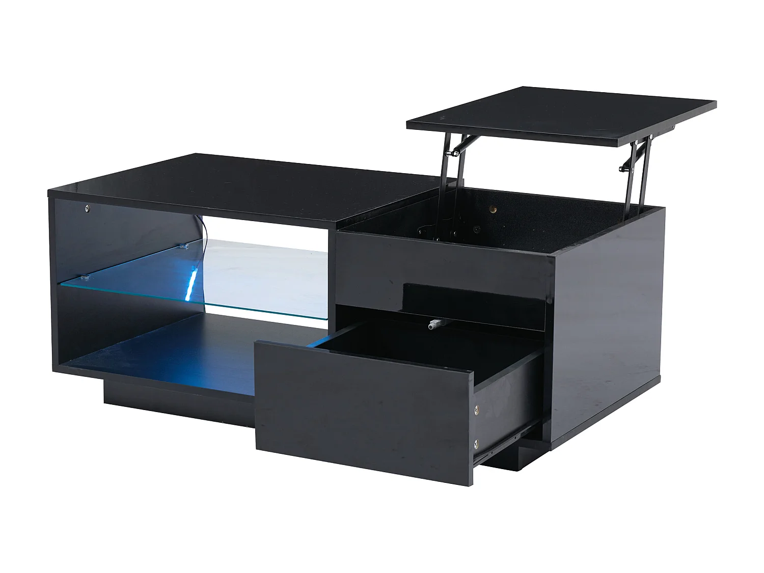 Table basse avec plateau réglable en hauteur - Table basse avec 1 tiroir et 2 rangements ouverts - noir