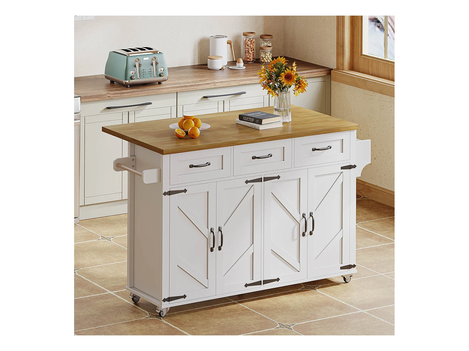 Îlot central de cuisine blanc - Desserte de cuisine avec 4 portes et 3 tiroirs - porte-serviettes et étagère à épices