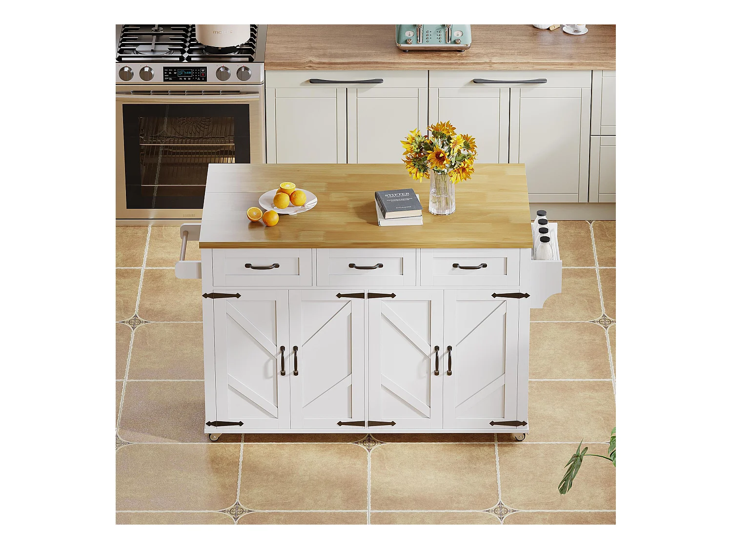 Îlot central de cuisine blanc - Desserte de cuisine avec 4 portes et 3 tiroirs - porte-serviettes et étagère à épices