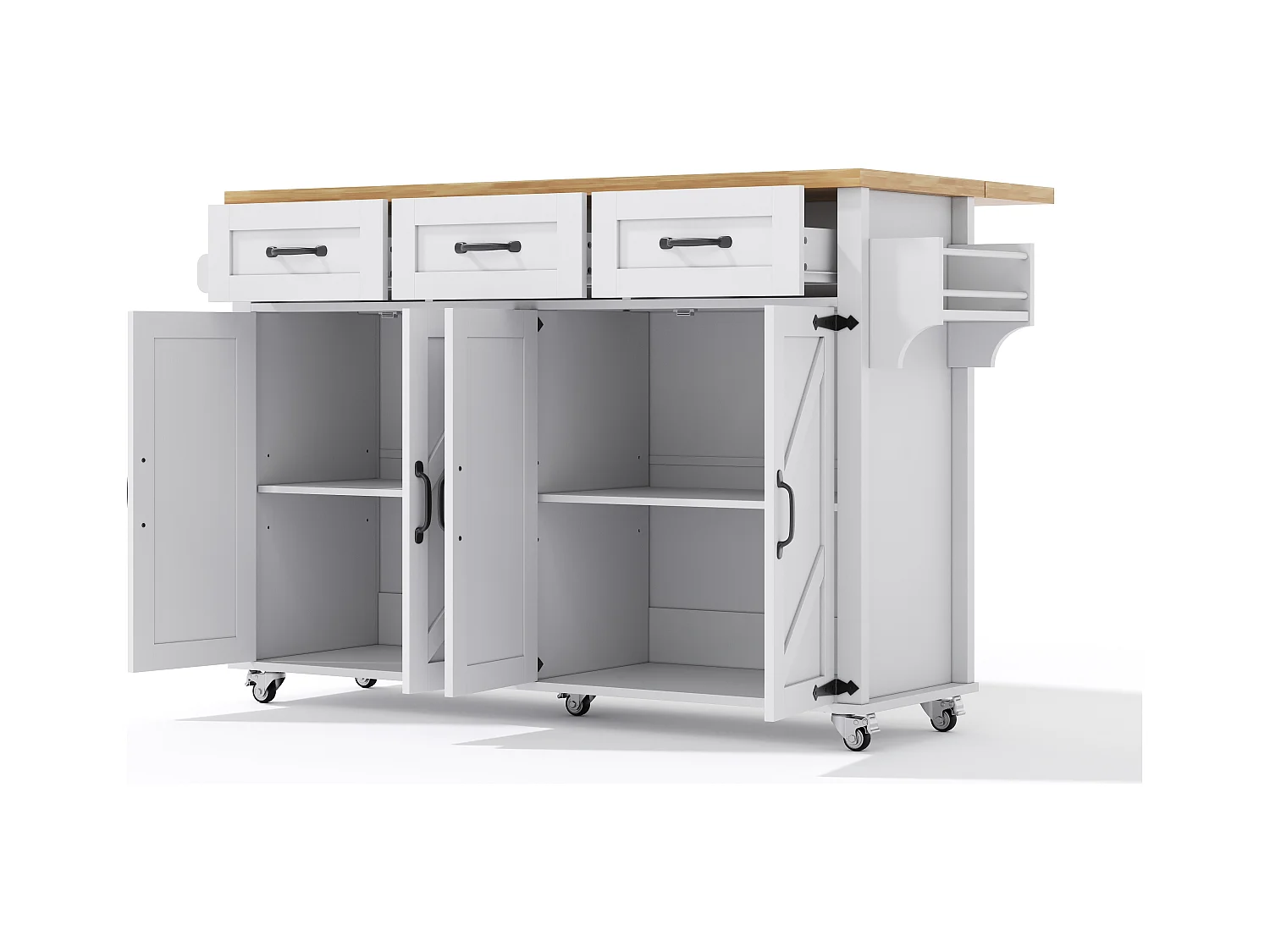 Îlot central de cuisine blanc - Desserte de cuisine avec 4 portes et 3 tiroirs - porte-serviettes et étagère à épices