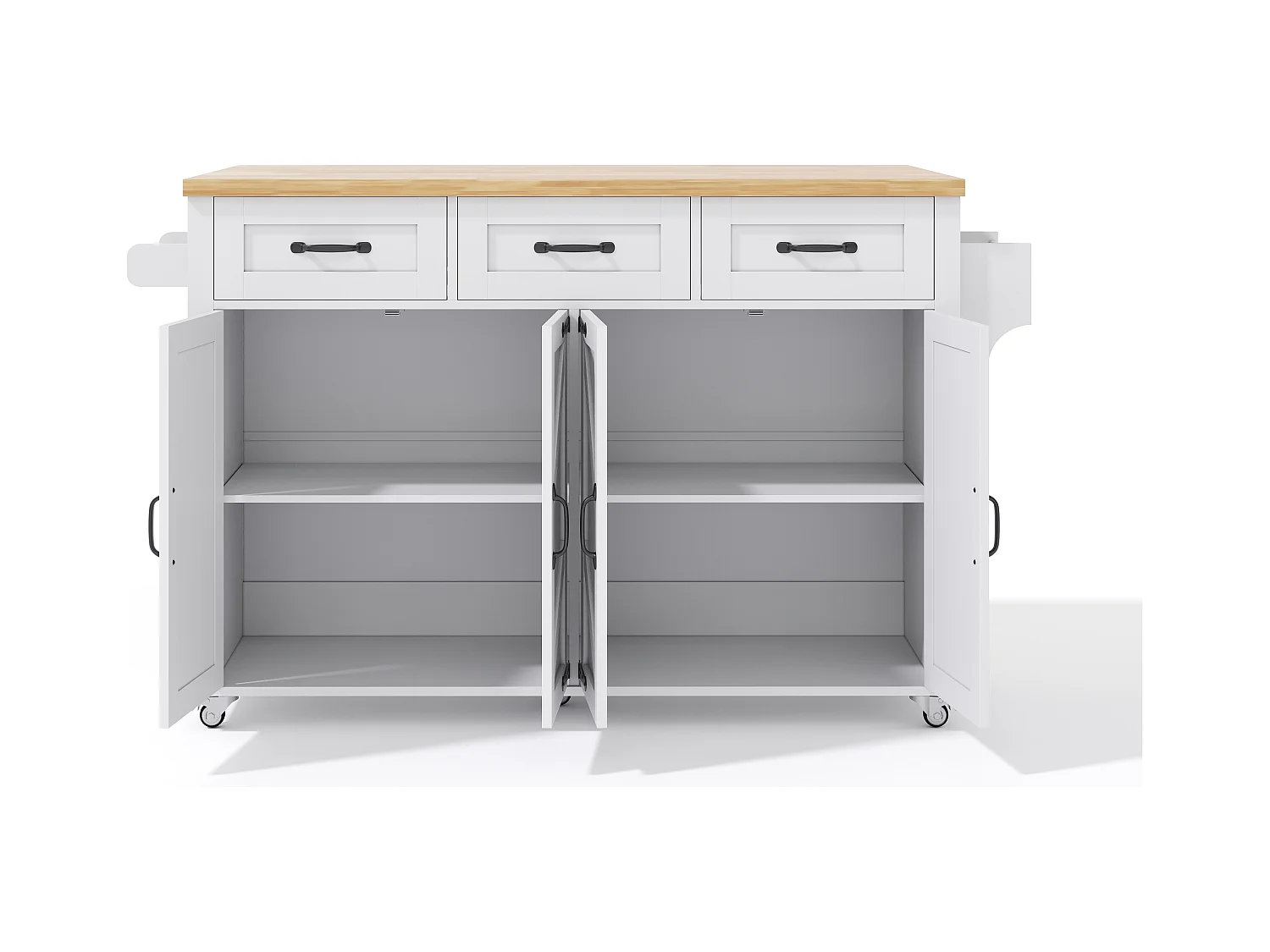 Îlot central de cuisine blanc - Desserte de cuisine avec 4 portes et 3 tiroirs - porte-serviettes et étagère à épices