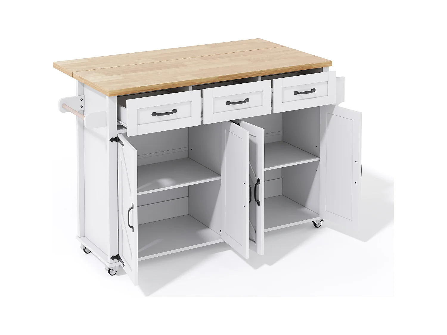 Îlot central de cuisine blanc - Desserte de cuisine avec 4 portes et 3 tiroirs - porte-serviettes et étagère à épices