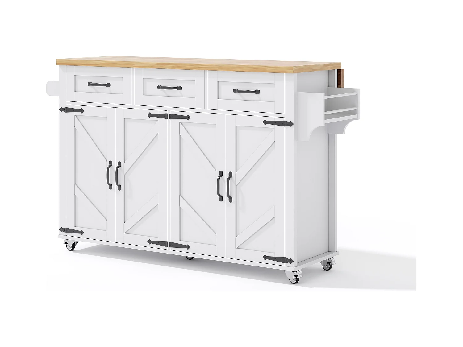 Îlot central de cuisine blanc - Desserte de cuisine avec 4 portes et 3 tiroirs - porte-serviettes et étagère à épices