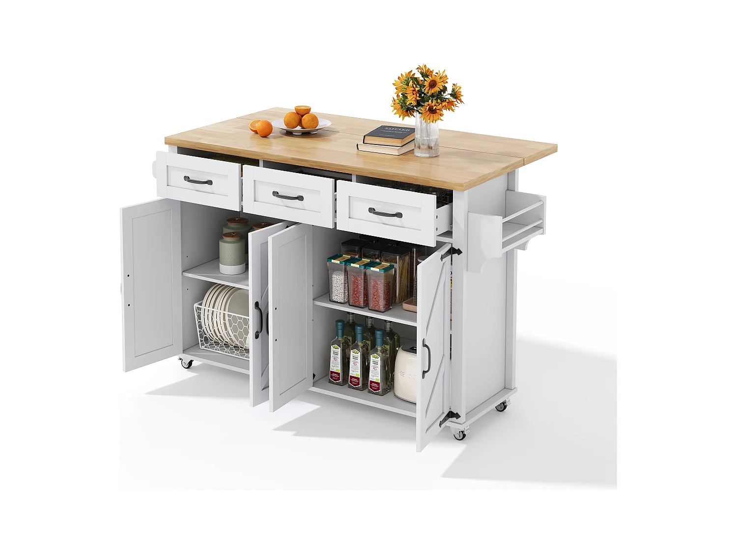 Îlot central de cuisine blanc - Desserte de cuisine avec 4 portes et 3 tiroirs - porte-serviettes et étagère à épices