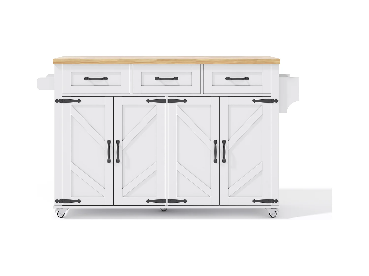 Îlot central de cuisine blanc - Desserte de cuisine avec 4 portes et 3 tiroirs - porte-serviettes et étagère à épices