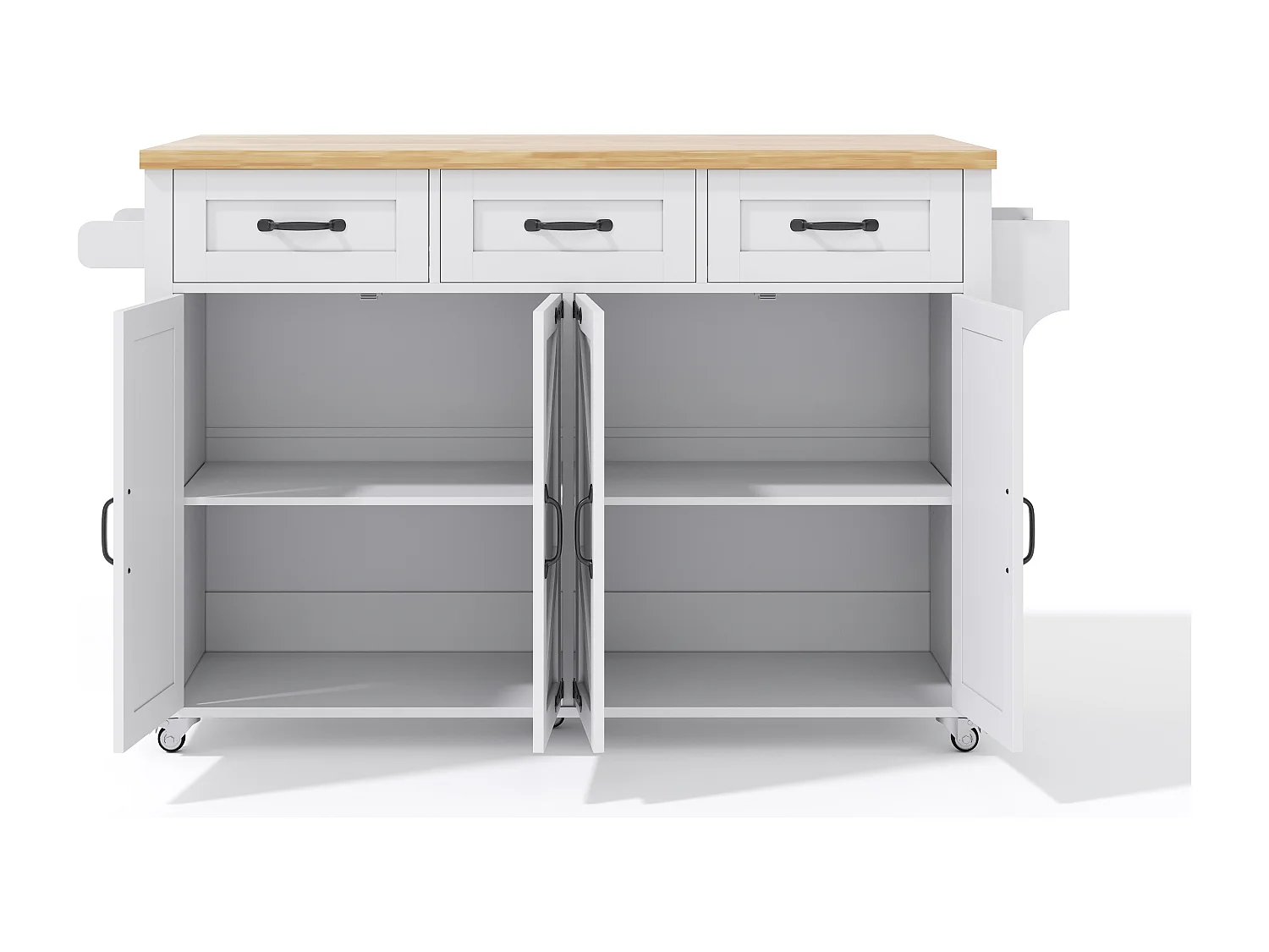Ilha de cozinha branca - Carrinho de cozinha com 4 portas e 3 gavetas - suporte para toalhas e suporte para temperos