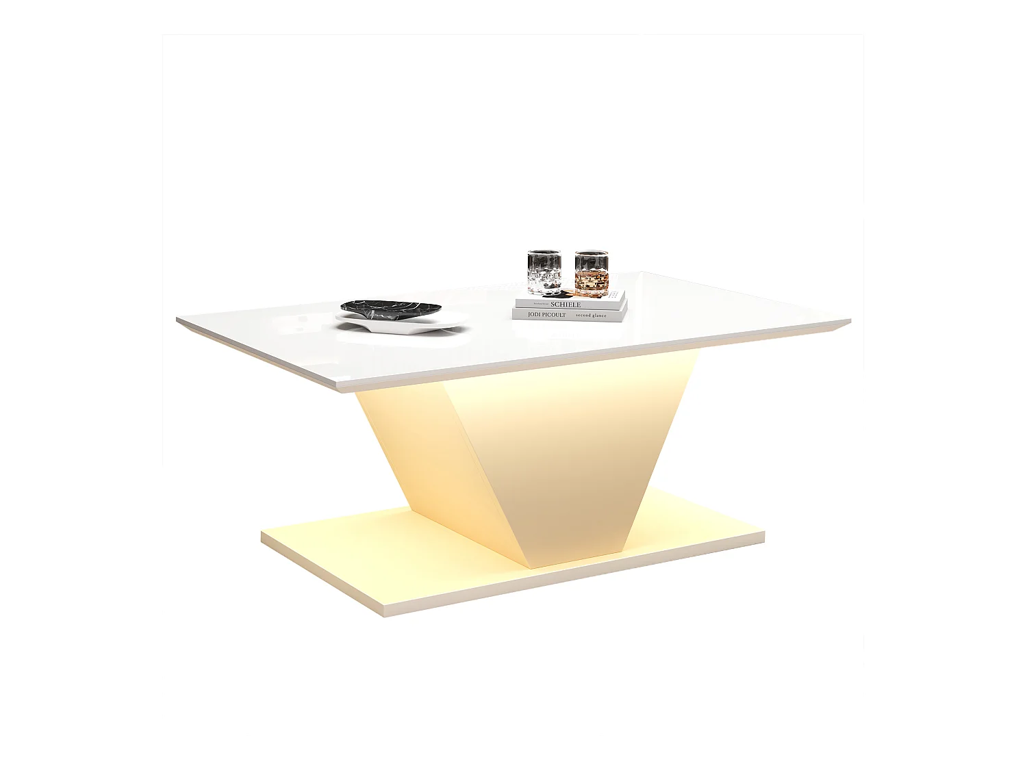 Biały stolik kawowy - Stolik kawowy z oświetleniem LED i kształtem litery V - do salonu