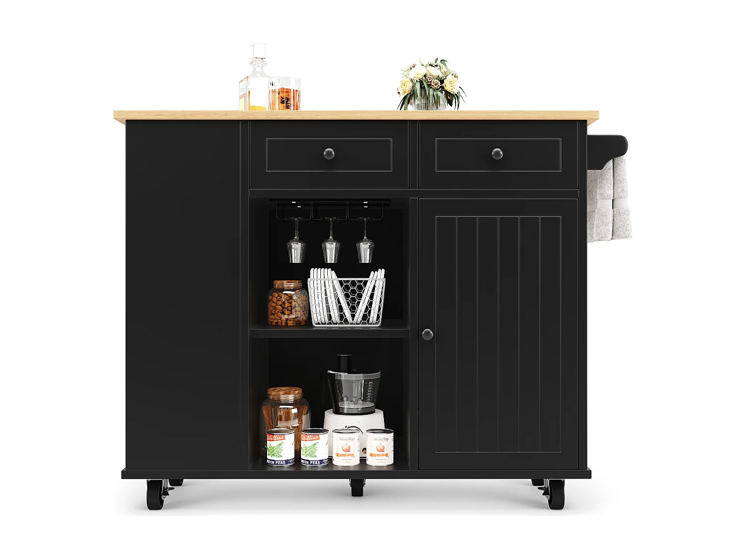 Czarny mobilny wózek kuchenny z wieszakiem na ręczniki – Wyspa kuchenna z 2 szufladami i 1 drzwiami – 5 otwartych schowków