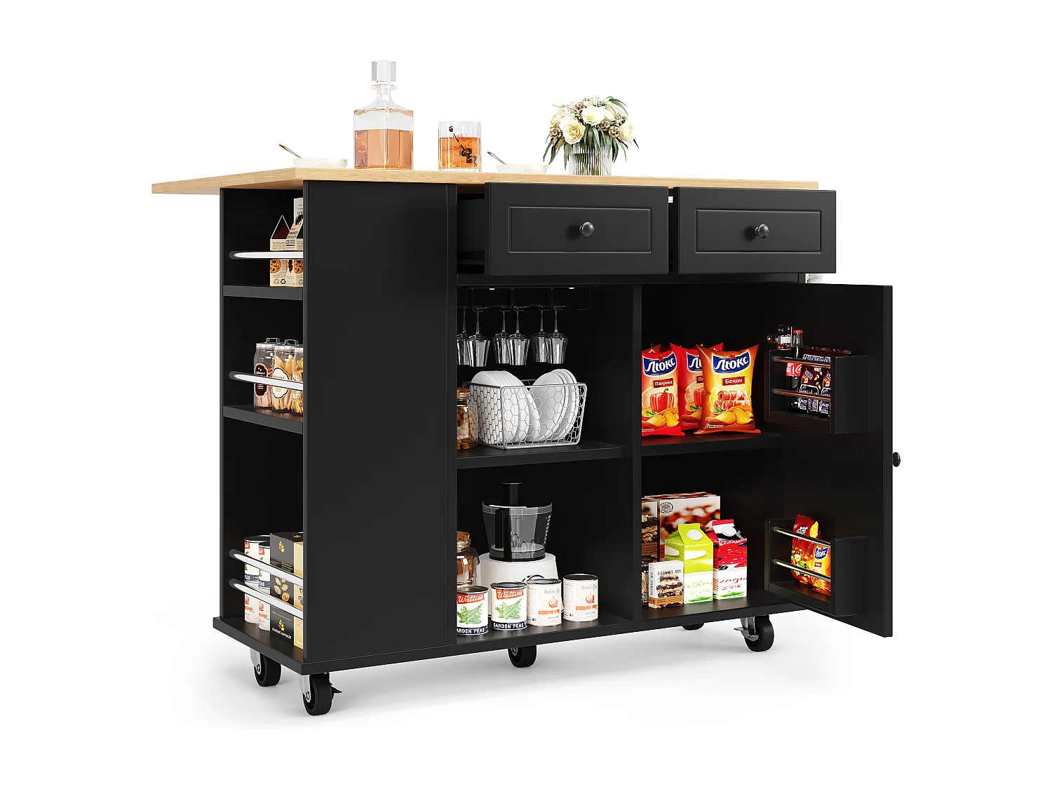 Czarny mobilny wózek kuchenny z wieszakiem na ręczniki – Wyspa kuchenna z 2 szufladami i 1 drzwiami – 5 otwartych schowków