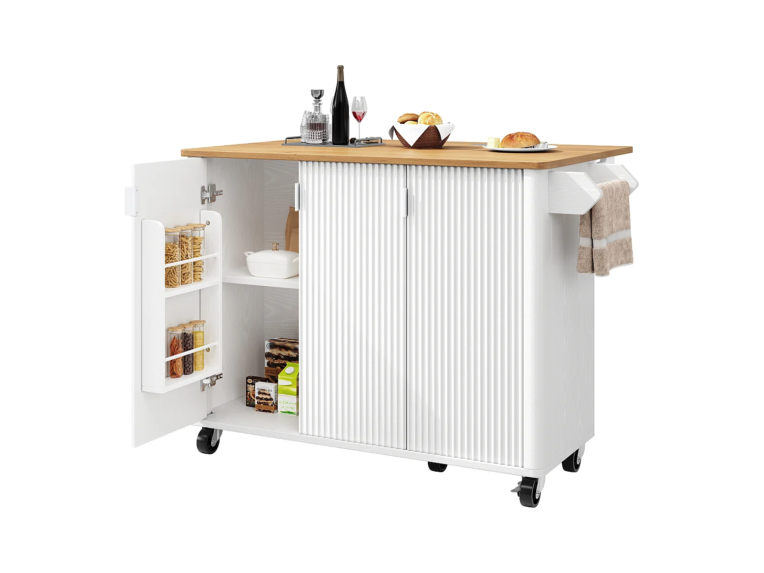 Carrinho de cozinha branco com tampo dobrável - Ilha de cozinha central com 3 portas e toalheiro - prateleiras ajustáveis