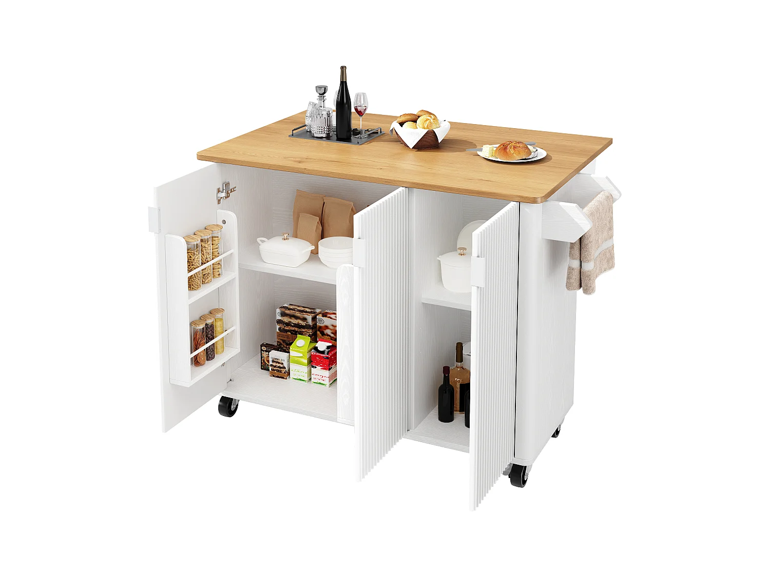 Carrinho de cozinha branco com tampo dobrável - Ilha de cozinha central com 3 portas e toalheiro - prateleiras ajustáveis