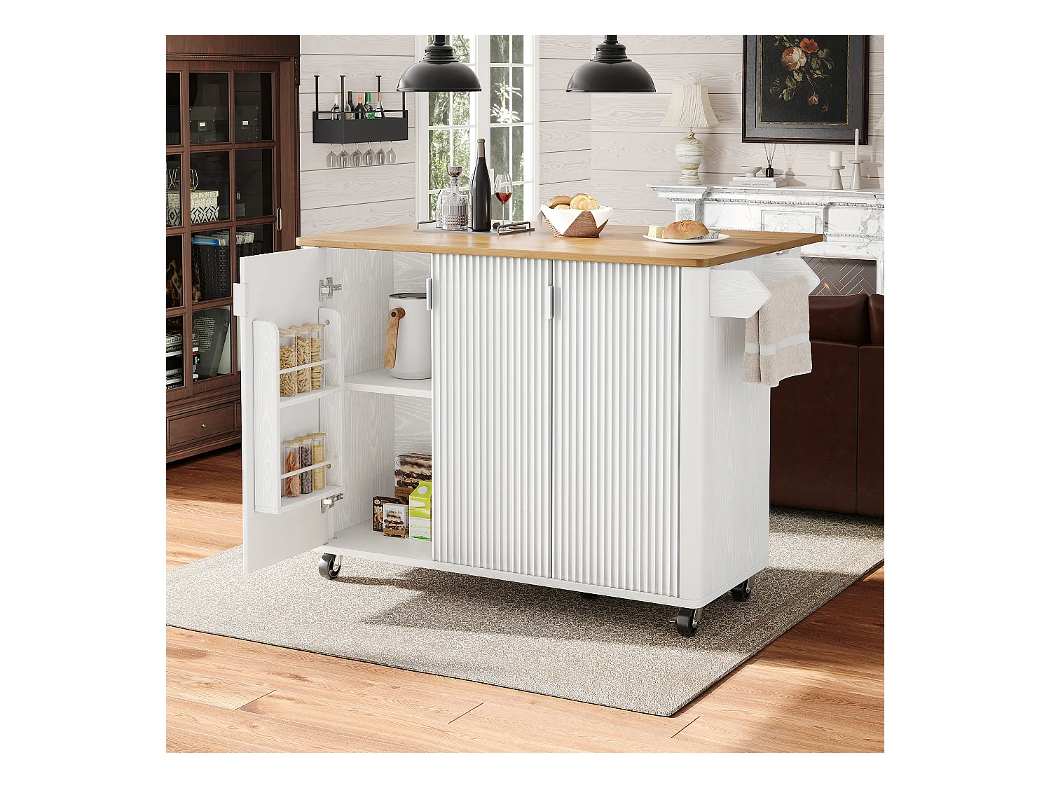 Desserte de cuisine blanc avec plateau rabattable - Îlot central de cuisine 3 portes avec porte-serviettes - etagères réglables