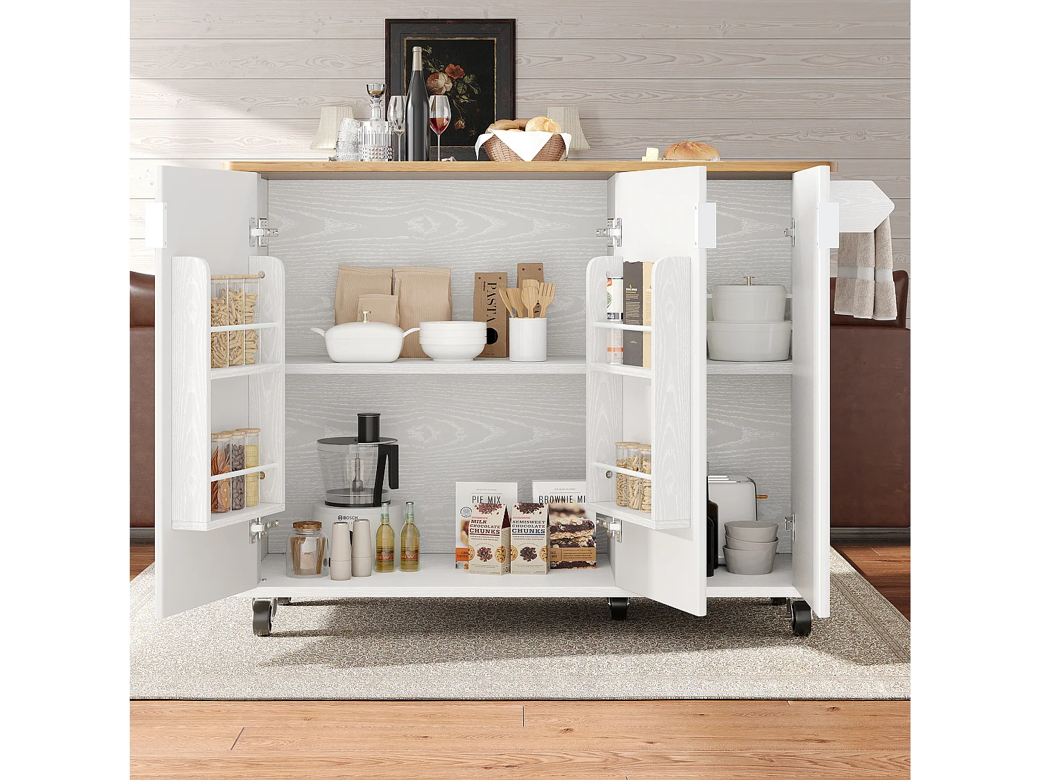 Biały wózek kuchenny ze składanym blatem – Centralna wyspa kuchenna z 3 drzwiami i wieszakiem na ręczniki – regulowane półki
