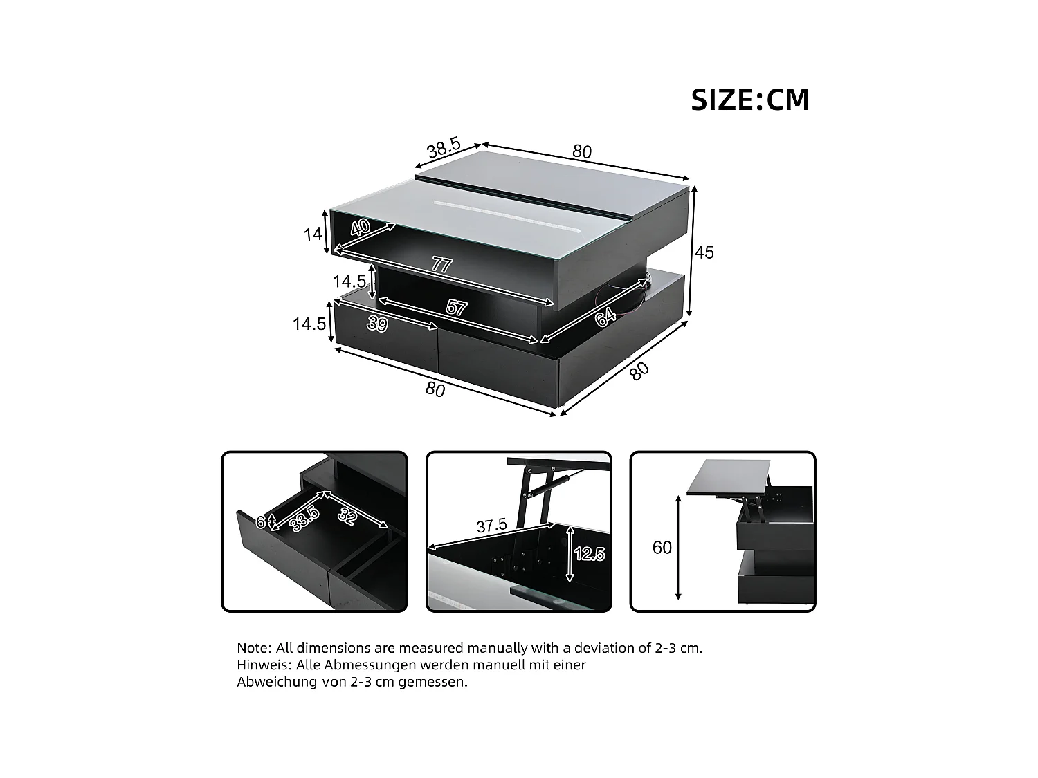 Czarny stolik kawowy z oświetleniem LED - Stolik kawowy z 2 szufladami i podnoszonym blatem - otwarta przestrzeń do przechowywania