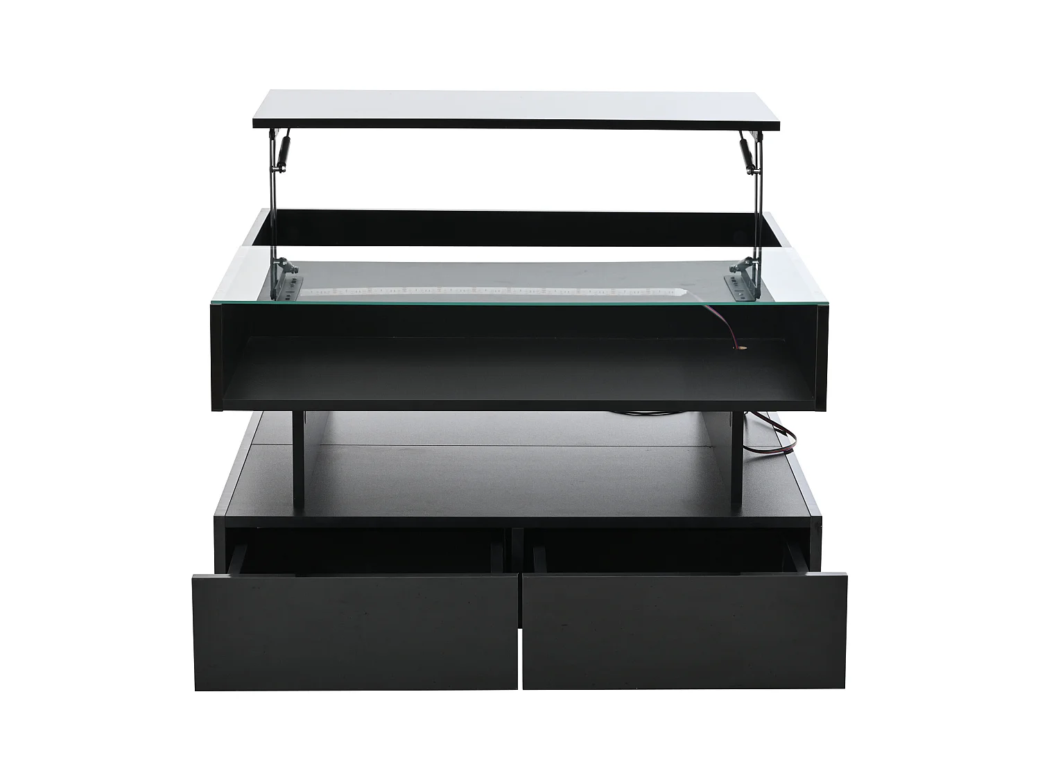Czarny stolik kawowy z oświetleniem LED - Stolik kawowy z 2 szufladami i podnoszonym blatem - otwarta przestrzeń do przechowywania