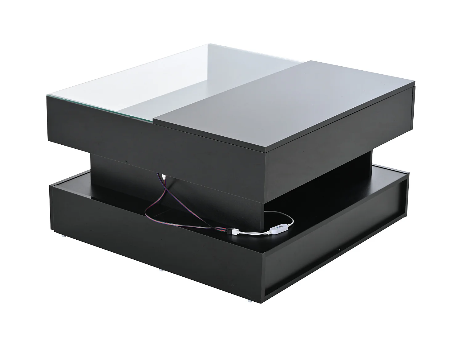Czarny stolik kawowy z oświetleniem LED - Stolik kawowy z 2 szufladami i podnoszonym blatem - otwarta przestrzeń do przechowywania