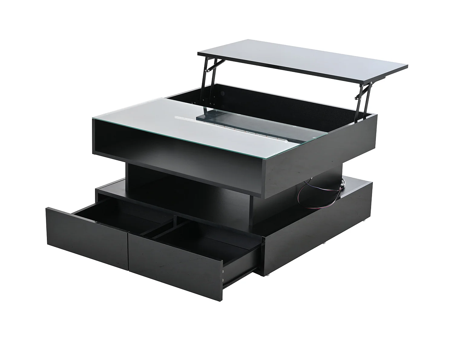 Czarny stolik kawowy z oświetleniem LED - Stolik kawowy z 2 szufladami i podnoszonym blatem - otwarta przestrzeń do przechowywania