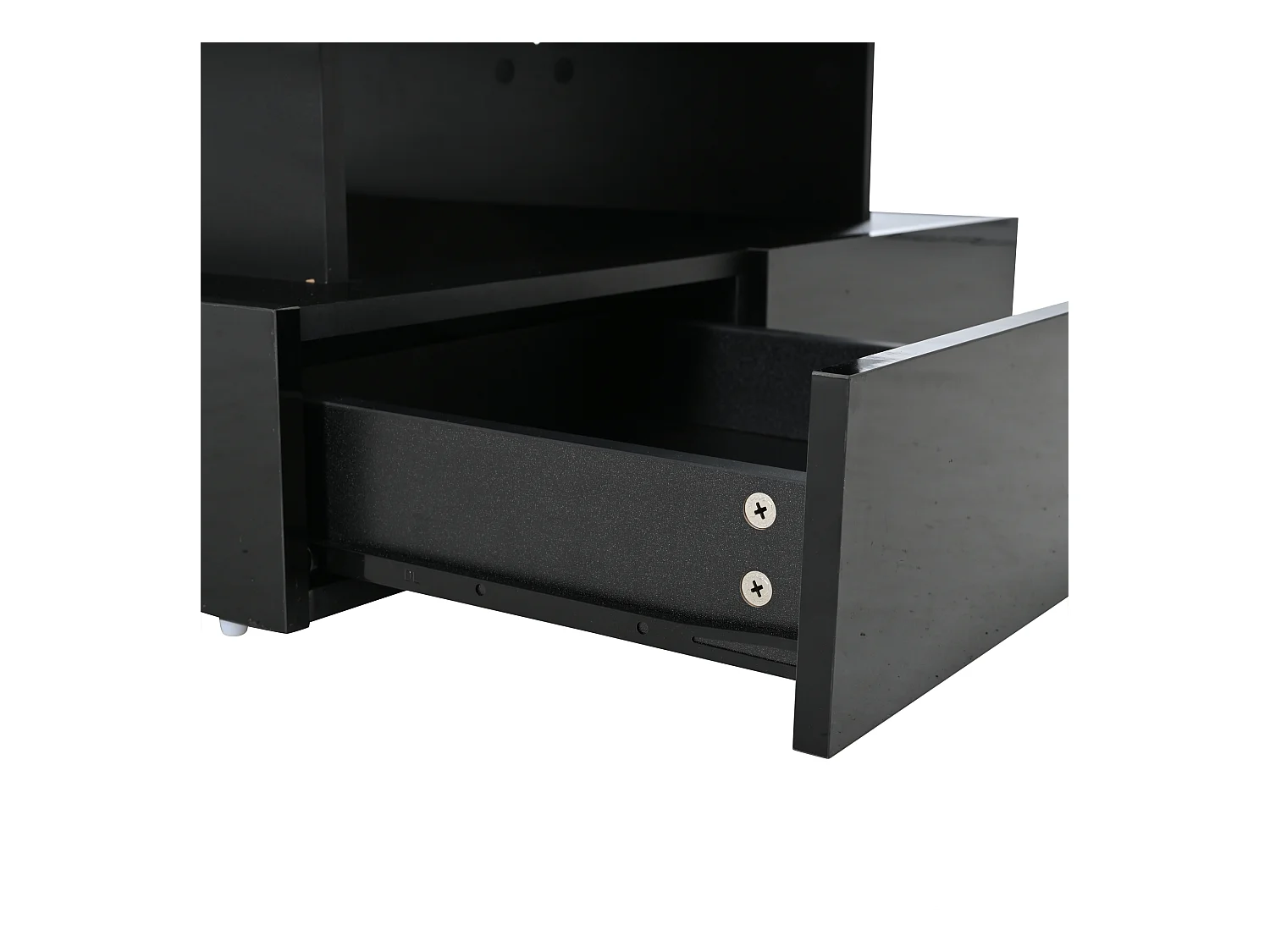 Czarny stolik kawowy z oświetleniem LED - Stolik kawowy z 2 szufladami i podnoszonym blatem - otwarta przestrzeń do przechowywania