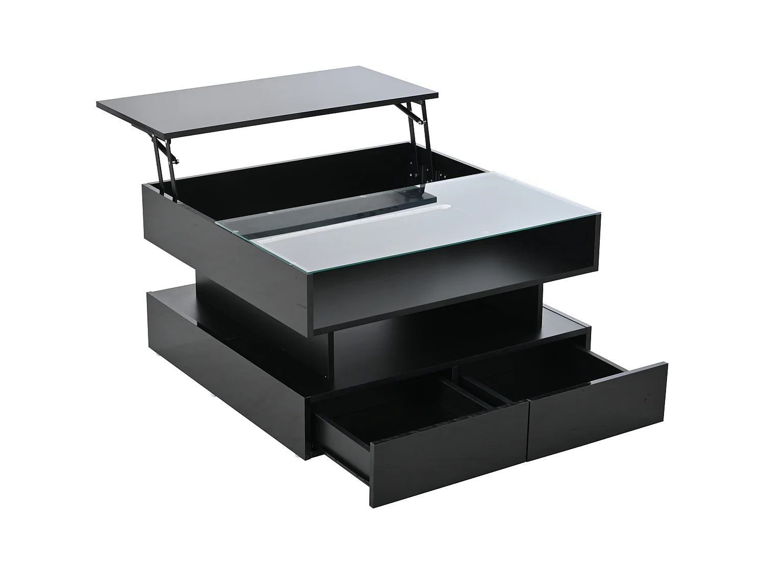 Czarny stolik kawowy z oświetleniem LED - Stolik kawowy z 2 szufladami i podnoszonym blatem - otwarta przestrzeń do przechowywania