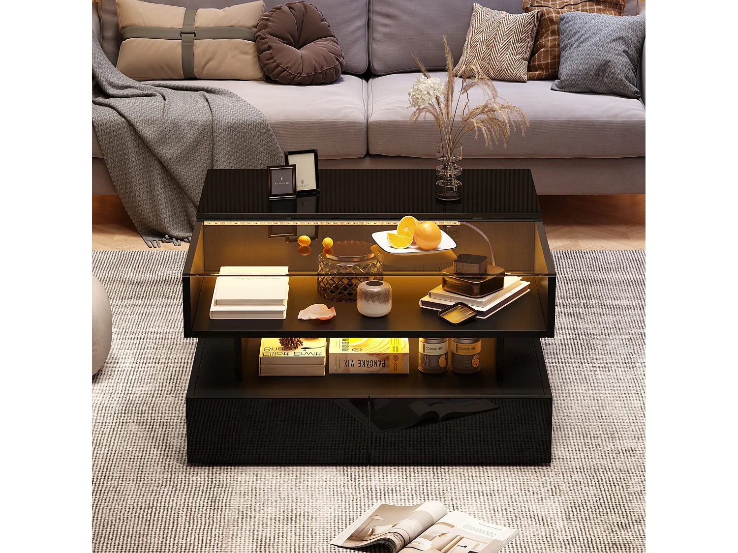 Table basse noir avec éclairage LED - Table basse avec 2 tiroirs et plateau relevable - rangement ouvert