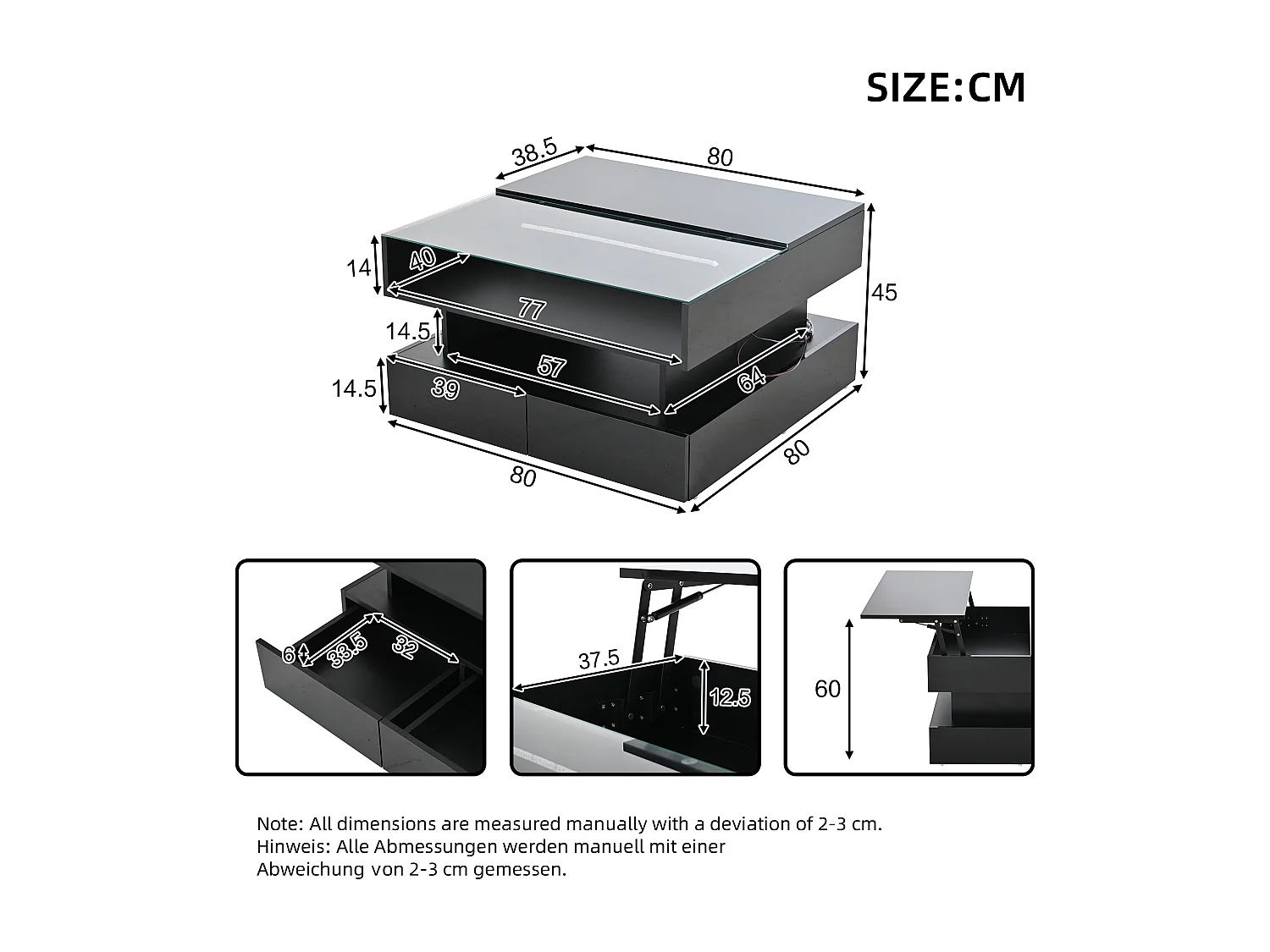 Table basse noir avec éclairage LED - Table basse avec 2 tiroirs et plateau relevable - rangement ouvert