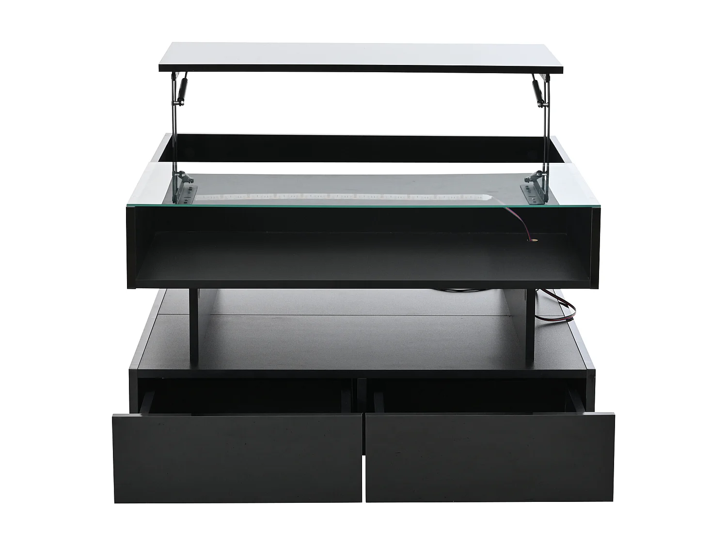 Table basse noir avec éclairage LED - Table basse avec 2 tiroirs et plateau relevable - rangement ouvert