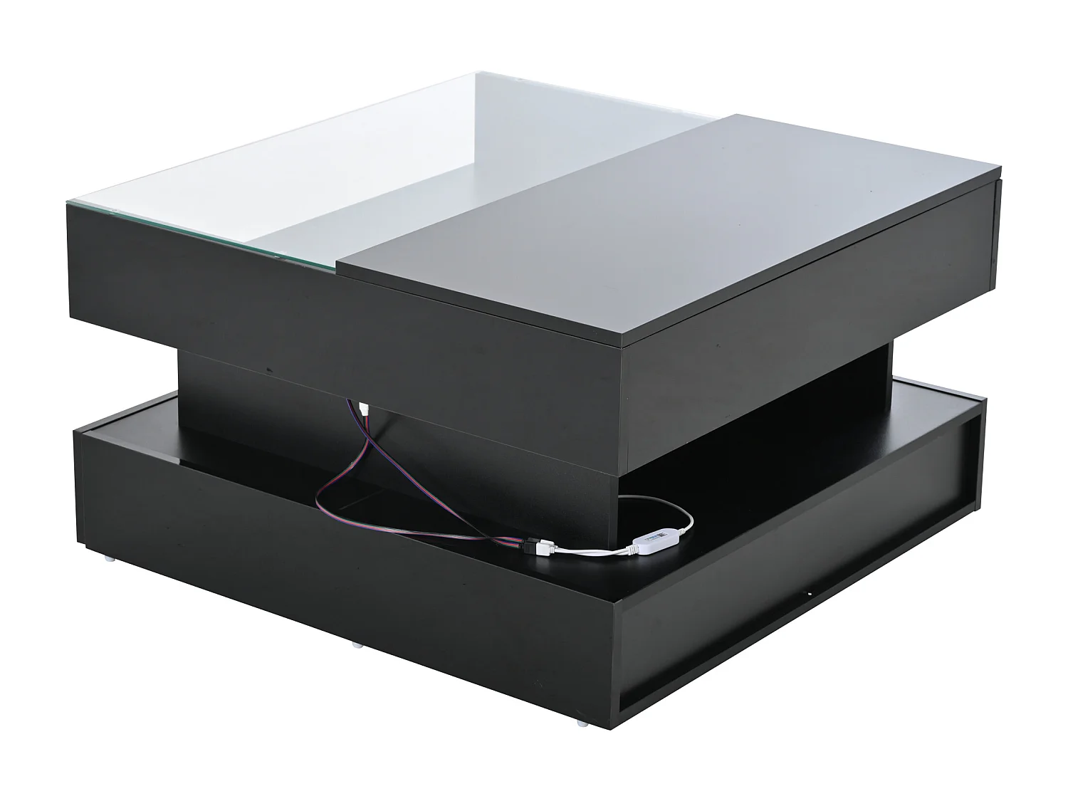 Table basse noir avec éclairage LED - Table basse avec 2 tiroirs et plateau relevable - rangement ouvert