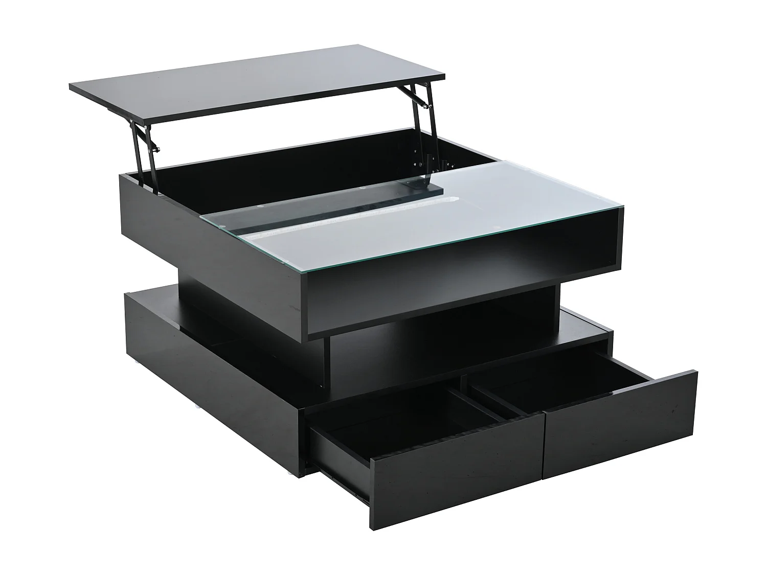 Table basse noir avec éclairage LED - Table basse avec 2 tiroirs et plateau relevable - rangement ouvert