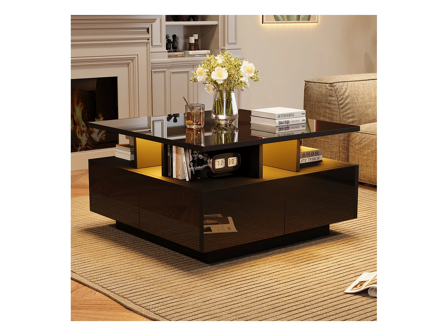 Mesa de centro quadrada preta - Mesa de centro com iluminação LED e 4 gavetas - Arrumação aberta