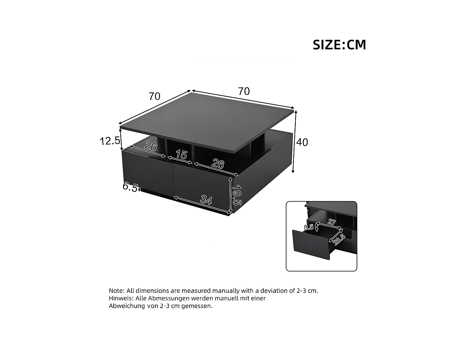 Mesa de centro quadrada preta - Mesa de centro com iluminação LED e 4 gavetas - Arrumação aberta