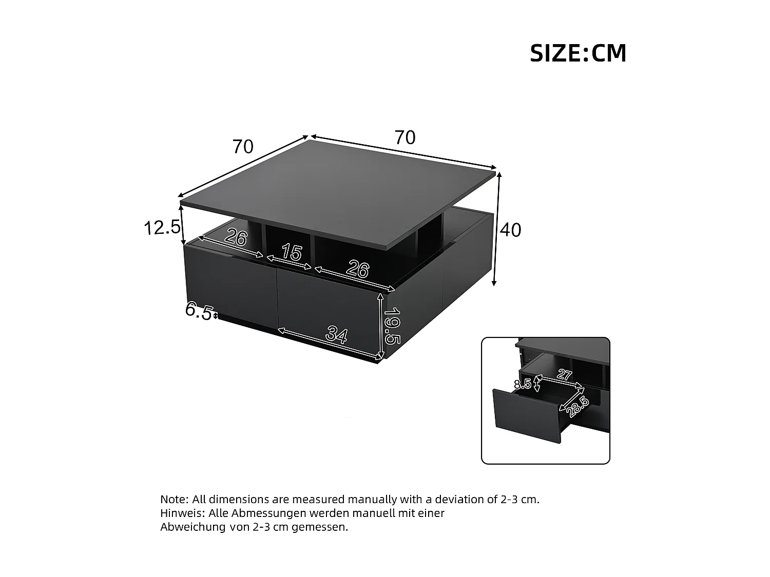 Table basse carrée noir - Table basse avec éclairage LED et 4 tiroirs - rangement ouvert